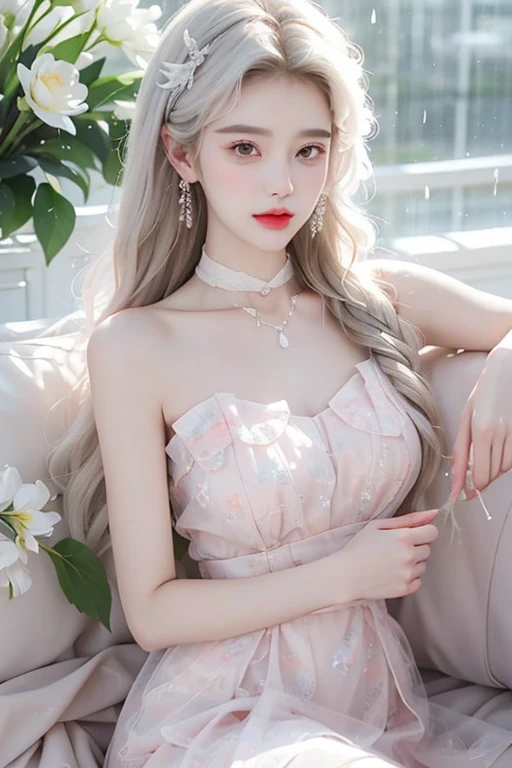 Sweet girl skirt2,skirt, ((Shot in the knee)), a real、realistically、real picture、One hand resting on his lips、周围头发有白Butterfly兰,Lilac dendrobium、orange lily、White Lily、1 girl in、Full body image、white hair、Floating hair、Hazy Beauty、Full breasts, Chopping, Have extremely beautiful facial features、Hairpin on head、Lying in the flowers、Drag your chin with both hands、Perfect hands、Rosette、(spring、Rainy Day、Butterfly、cliff)、 Vector Art、Chinese Contemporary Art、soft light、intertwined scarves、look down
