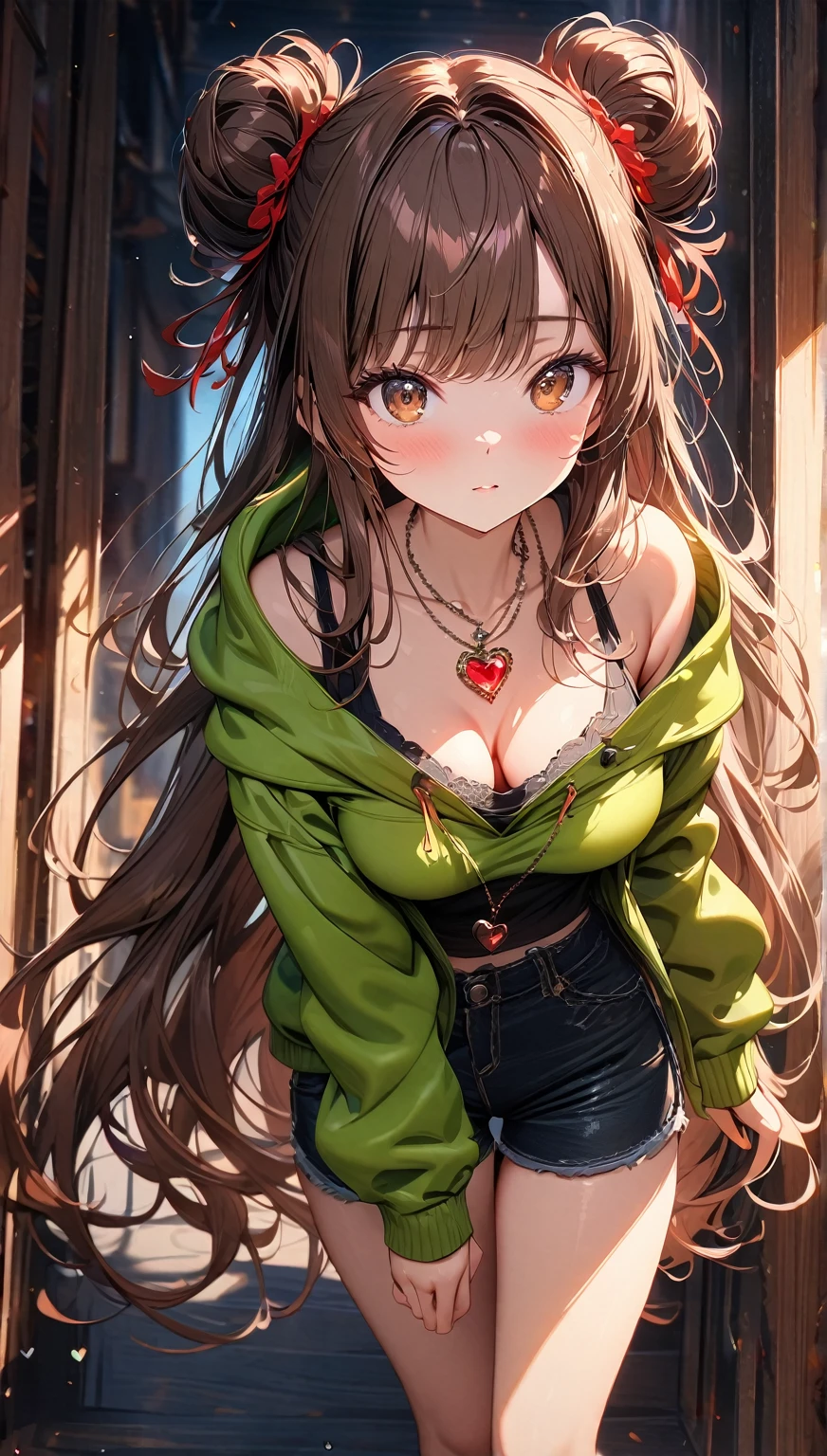 (best quality, top details, high quality, detailed, highest quality, 4k, 8k resolution, highres, ultra fine painting, masterpiece:1.2), digital art, 8k CG wallpaper, detailed background, absurd, epic lighting, RAW photo, POV shot, professional photography, good lighting, soft light, soft colors, looking at viewer, detailed lights and shadows, niji style, stylish, ultra, ultra-detailed, trending art, master crafted, blurry background, pose, (top quality, details), solo, 1 girl, A nervous girl, (medium breasts:1.2), tight bust, flushtered, nice hips, nice body, casual, innocent , (cute, slim, nervous face), brown hair, long flowing hair, twin buns hairstyle, long bangs, (long hair), middle hair bangs, brown eyes, full body, (black string tanktop:1.2, off shoulder green hoodie, shorts, big red gem heart necklace)