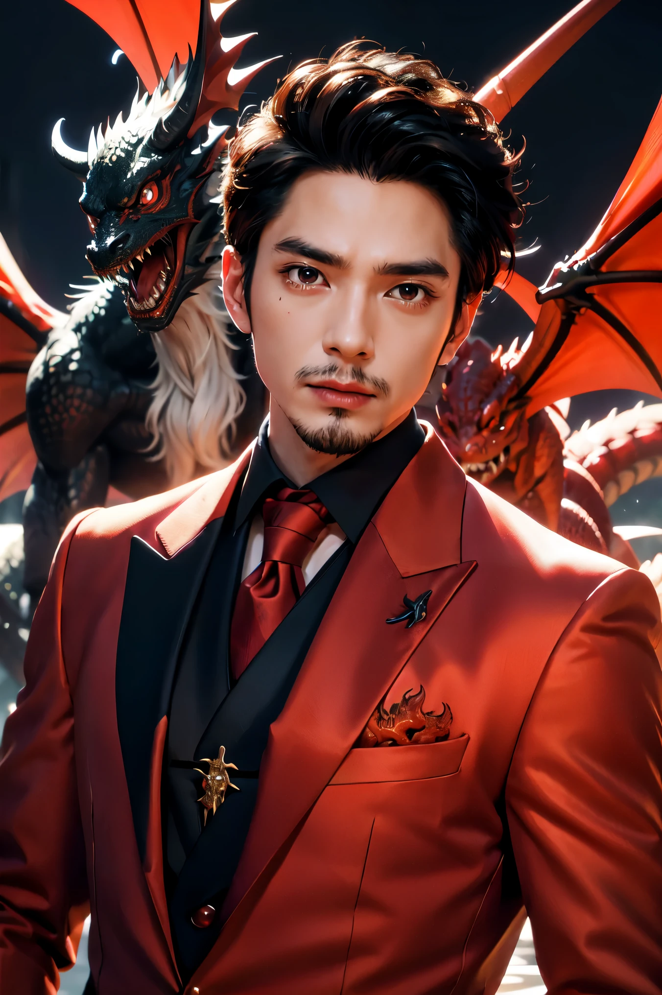 anime man in a suit and tie with a dragon in the background, dragon - inspired suit, by Yang J, human and dragon fusion, handsome japanese demon girl, handsome girl in demon slayer art, epic and classy portrait, trendin on artstation, by Oliver Sin, crimson attire, black and red suit, highly detailed exquisite fanart, handsome female vampire