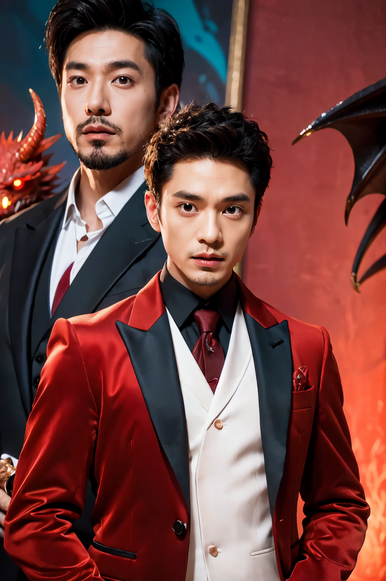 anime man in a suit and tie with a dragon in the background, dragon - inspired suit, by Yang J, human and dragon fusion, handsome japanese demon girl, handsome girl in demon slayer art, epic and classy portrait, trendin on artstation, by Oliver Sin, crimson attire, black and red suit, highly detailed exquisite fanart, handsome female vampire