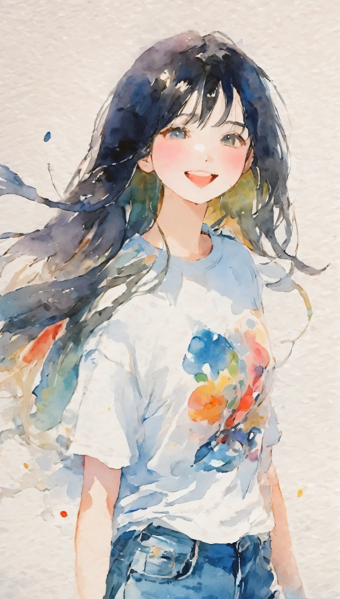 Splatter backgrounds and spray paint effects, Adam Hughes, White t-shirt and jeans shorts, Upper Body Center, Multi-colored hair,Watery eye, Big happy smile, Watercolor, Watercolor, Watercolor風, Watercolorの詳細なアート, Watercolor digital painting, Watercolor paints, 非常に精巧なWatercolor, Watercolor,Japanese women,18-year-old, Long Hair,Black-haired