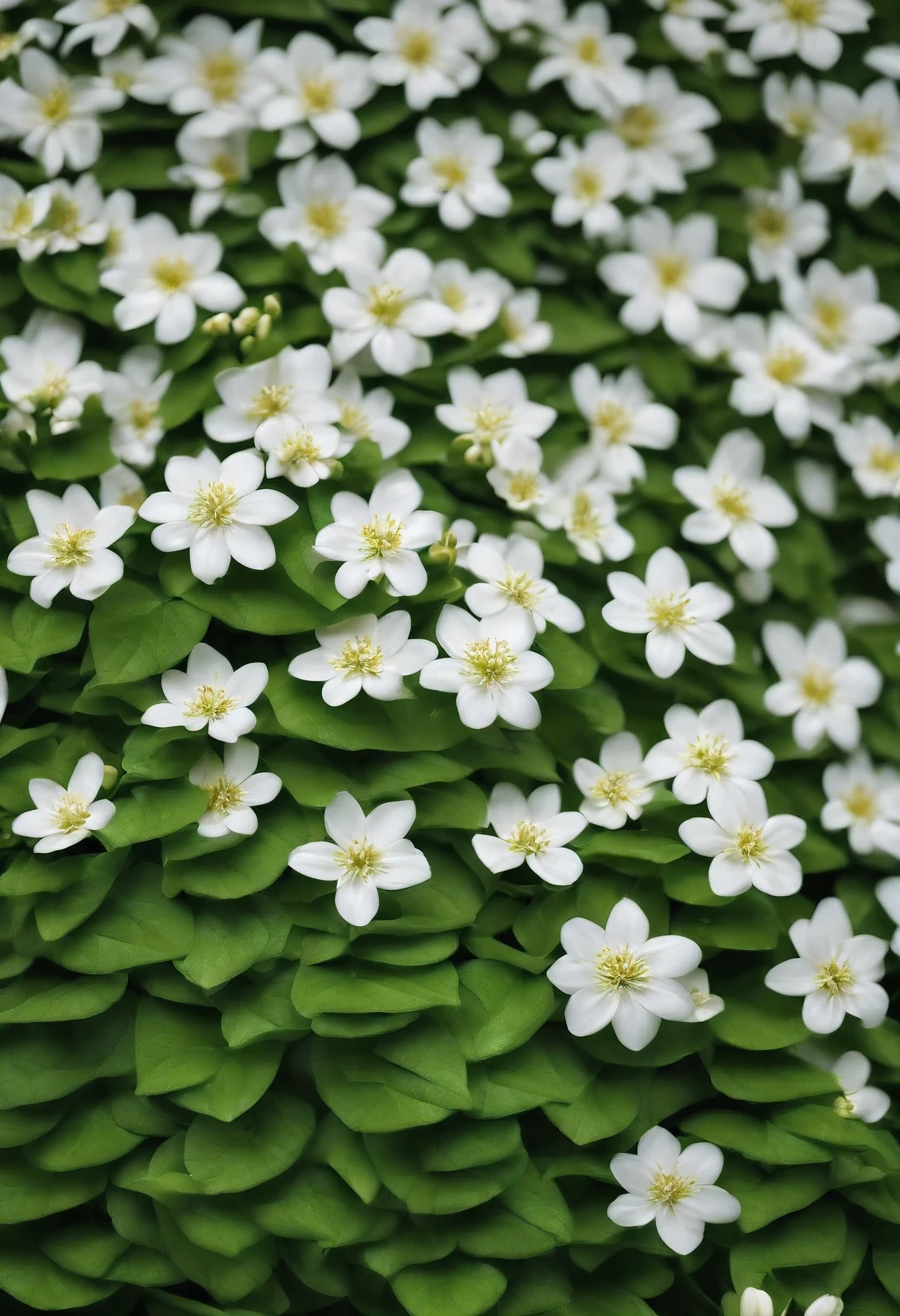 Wall with thick small white flowers with width of 8*8*8 . Flowers hangs on small green leafs . Spreded flowers and greenish design