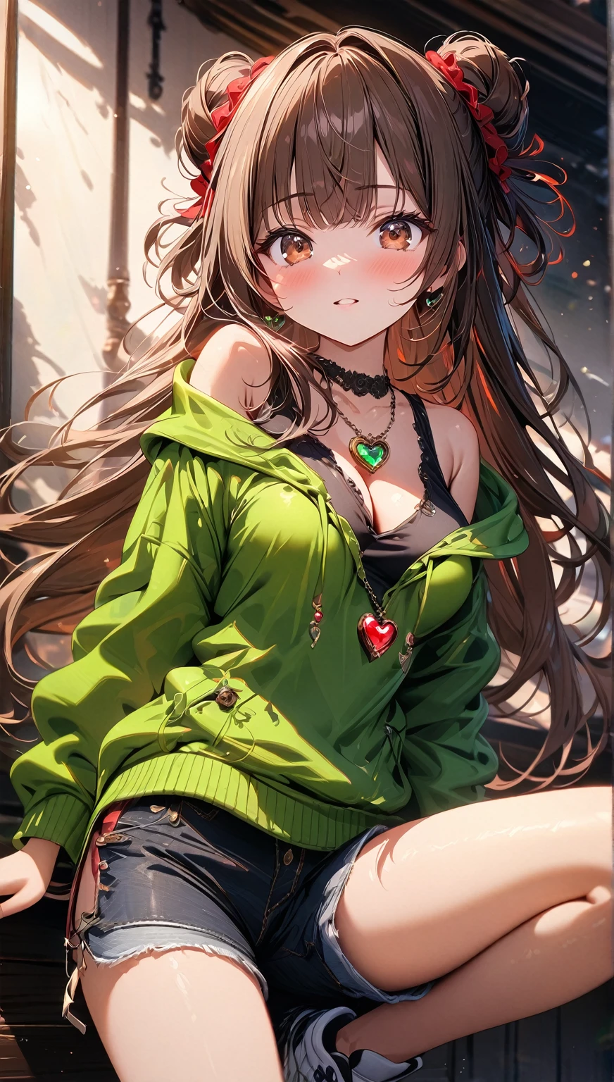(best quality, top details, high quality, detailed, highest quality, 4k, 8k resolution, highres, ultra fine painting, masterpiece:1.2), digital art, 8k CG wallpaper, detailed background, absurd, epic lighting, RAW photo, POV shot, professional photography, good lighting, soft light, soft colors, looking at viewer, detailed lights and shadows, niji style, stylish, ultra, ultra-detailed, trending art, master crafted, blurry background, pose, (top quality, details), solo, 1 girl, A nervous girl, (medium breasts:1.2), tight bust, flushtered, nice hips, nice body, casual, innocent teen, (cute, slim, nervous face), brown hair, long flowing hair, twin buns hairstyle, long bangs, (long hair), middle hair bangs, brown eyes, full body, (black string tanktop:1.2, off shoulder green hoodie, shorts, big red gem heart necklace)