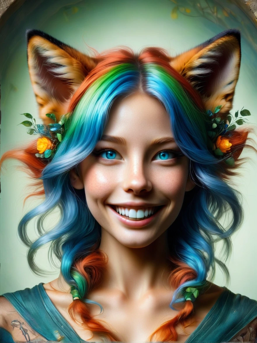 Create an intricate and highly detailed, ultra-high-definition masterpiece. It should be a photo-realistic and hyper-realistic, close-up portrait of a female furry fox's face, with blue eyes and green hair. In the portrait, the fox is looking at the camera with a smile, revealing her teeth. The setting for this portrait is a nondescript room lit by natural light. The perspective should be ultra wide-angle, making it feel as if the viewer is within the intimate space of the fox's environment, emulating the perspective of a GoPro Hero8 Black action camera.