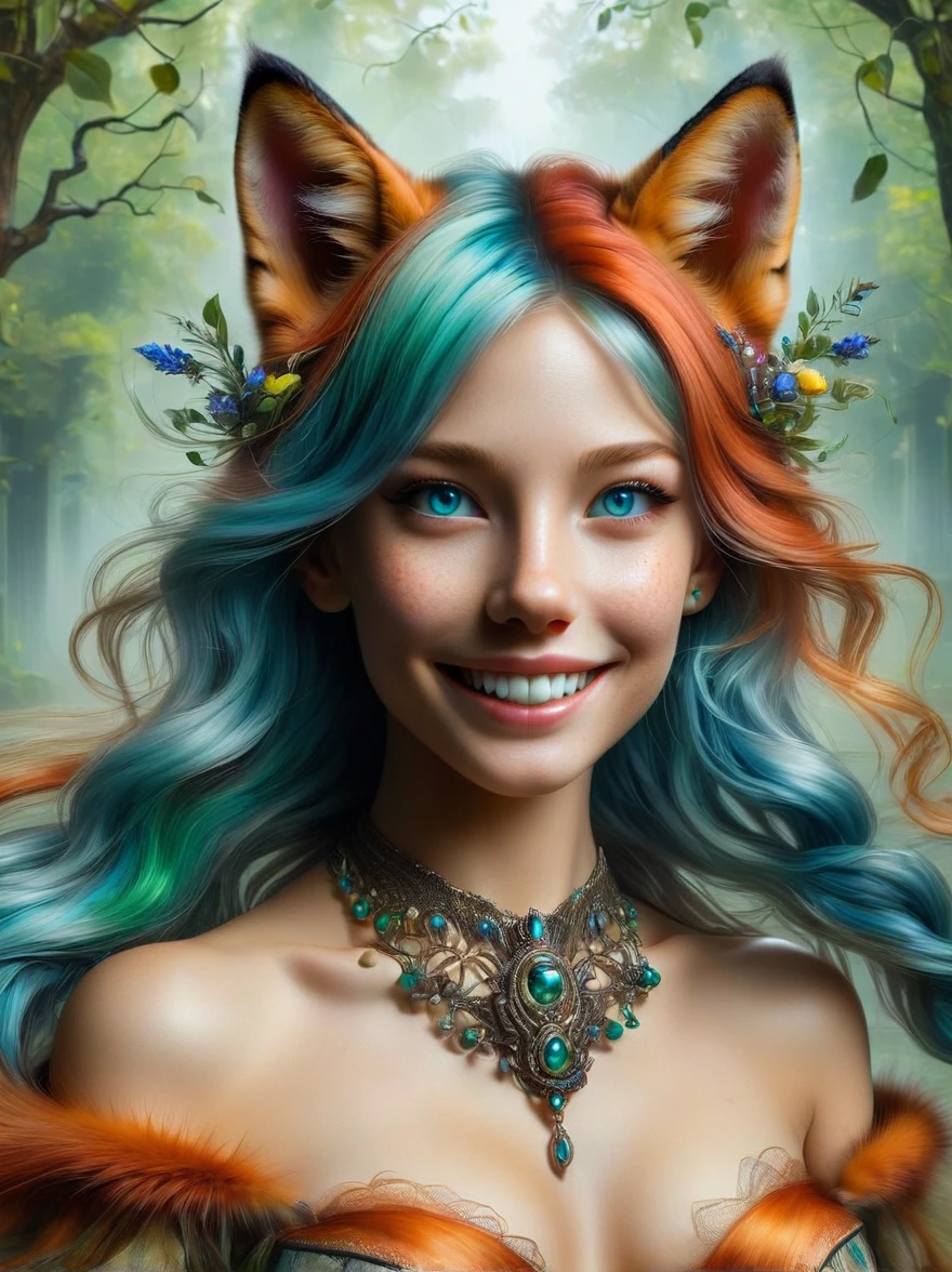 Create an intricate and highly detailed, ultra-high-definition masterpiece. It should be a photo-realistic and hyper-realistic, close-up portrait of a female furry fox's face, with blue eyes and green hair. In the portrait, the fox is looking at the camera with a smile, revealing her teeth. The setting for this portrait is a nondescript room lit by natural light. The perspective should be ultra wide-angle, making it feel as if the viewer is within the intimate space of the fox's environment, emulating the perspective of a GoPro Hero8 Black action camera.