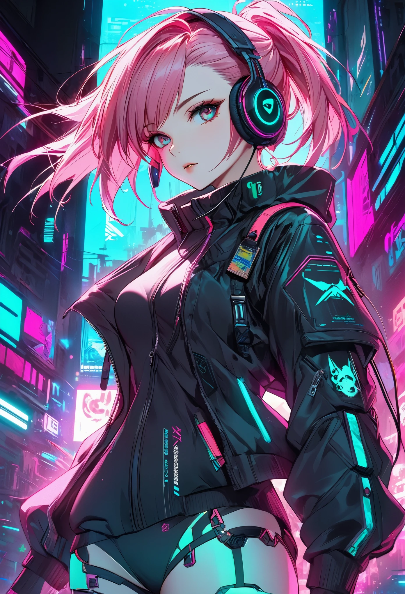 anime girl with pink hair and headphones in front of a neon background, cyberpunk anime girl, best anime 4k konachan wallpaper, digital cyberpunk anime art, anime cyberpunk art, digital cyberpunk - anime art, female cyberpunk anime girl, cyberpunk anime girl mech, anime style 4 k, perfect android girl, cyberpunk anime art, modern cyberpunk anime, anime cyberpunk, nightcore