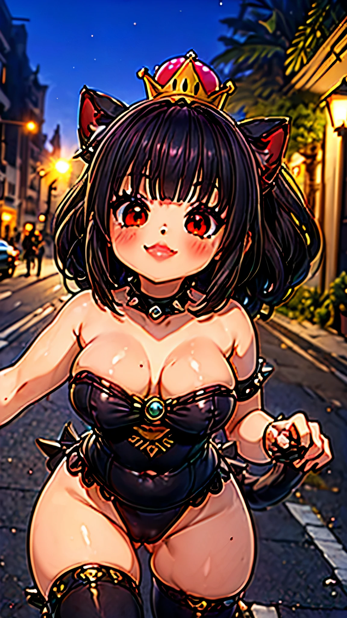 (mejor calidad,4k,8K,high resolution,obra maestra:1.2, junkotvv,(( pelo negro, orejas de gato, ojos rojos)), (red eyes), ultra-detalleed, Bowsette (ojos rojos), como una universitaria bailando por el campus., strutting with his stuff, Sonriendo y riendo, coqueteando con el espectador, seducir al espectador, Pechos grandes, cintura delgada, el pelo largo y negroo, campus universitario, calle publica, luz, hdr, 8K, absurdos, cinestill 800, Sharp focus, agregar_detalle:3 (mujer solitaria) sophiedee, koopa gal, chica tortuga, porn session lighting, bien iluminado, completamente iluminado, estilo pokemon, reino de los hongos, Nintendo, El mundo de Super Mario, privado_regazo_bailar, luz brillante