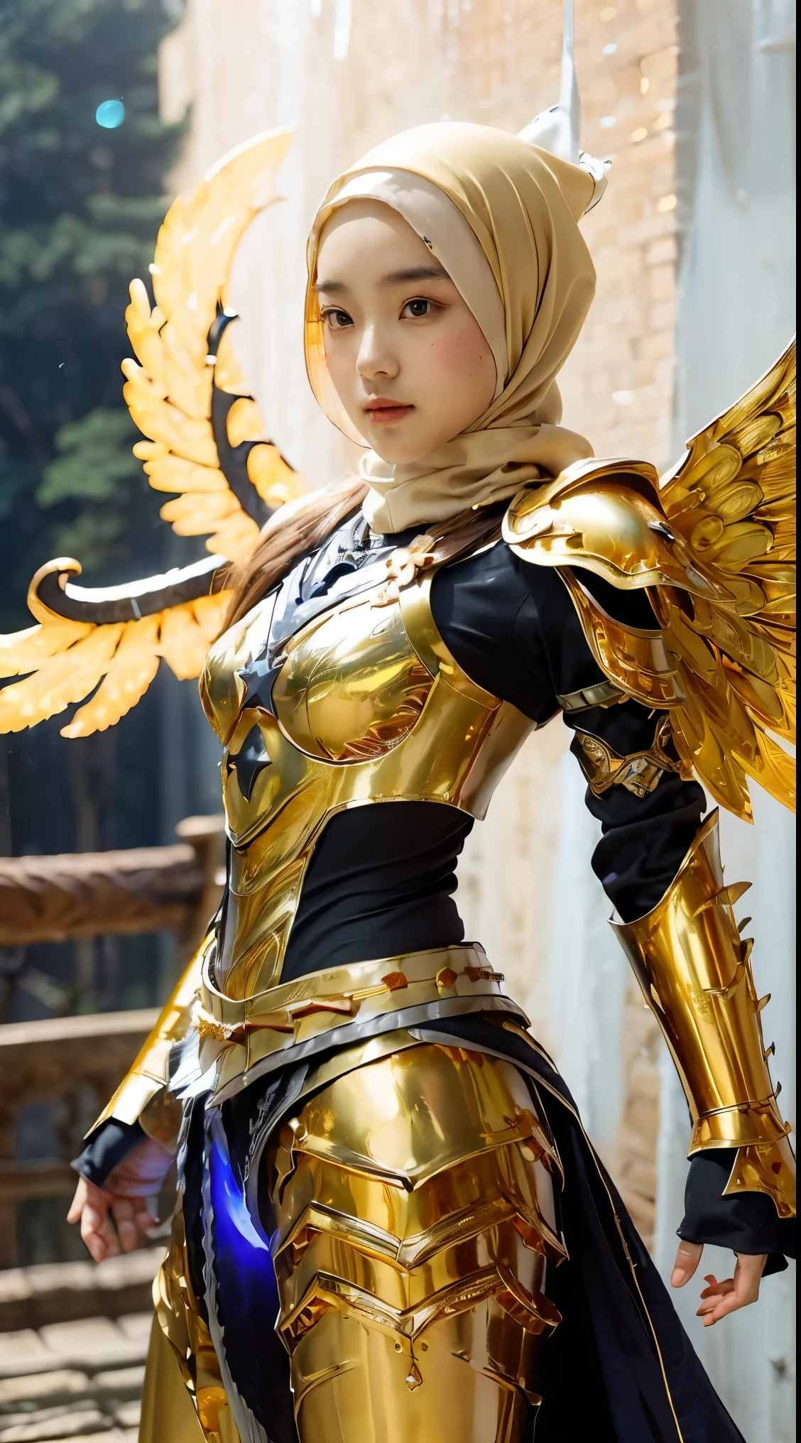 (1 Japan cutes teen with idol style), ((Top  Quality, masterpiece: 1.3)), focusing: 1.2, Perfect body care: 1.4 , (Wearing Hijab:1.2), ((Highly detailed face and skin texture)), Extremely realistic, Ultra detailed, HD, Portrait, 8K, Dressed in white and gold with spread wide big wings, (holding single flaming gold iron swords:1.2), (wearing hijab:1.5), (full iron golden armor:1.5), ornate cosplay, as a mystical valkyrie, the sailor galaxia, beautiful, white and gold priestess robes, anime cosplay, glamourous cosplay, with fiery golden wings, ((full iron trousers armor)), cosplay, professional cosplay, goddess of light, full body angel, cosplayer, perfect makeup, perfect face, beautiful face, beautiful body, arms covered with cloth, thighs covered with cloth, waterfall background, ((body object floating flying in the air:1.2)), foggy, fantasy weather, lightning strikes on either side, dramatic sttudio lighting, The atmosphere looks real, Full body shot, Front angle, ultra realistic, Professional、beautiful detail glow、Depth of bounds written、(((High chroma)))、(((real:1.9)))、((vivid:1.4))、((beautiful skin))、((skin texture))、((Real skin feel))、(((cowboy shot:1.5)))、((Angle seen from the front:1.5)), Front angle shot,