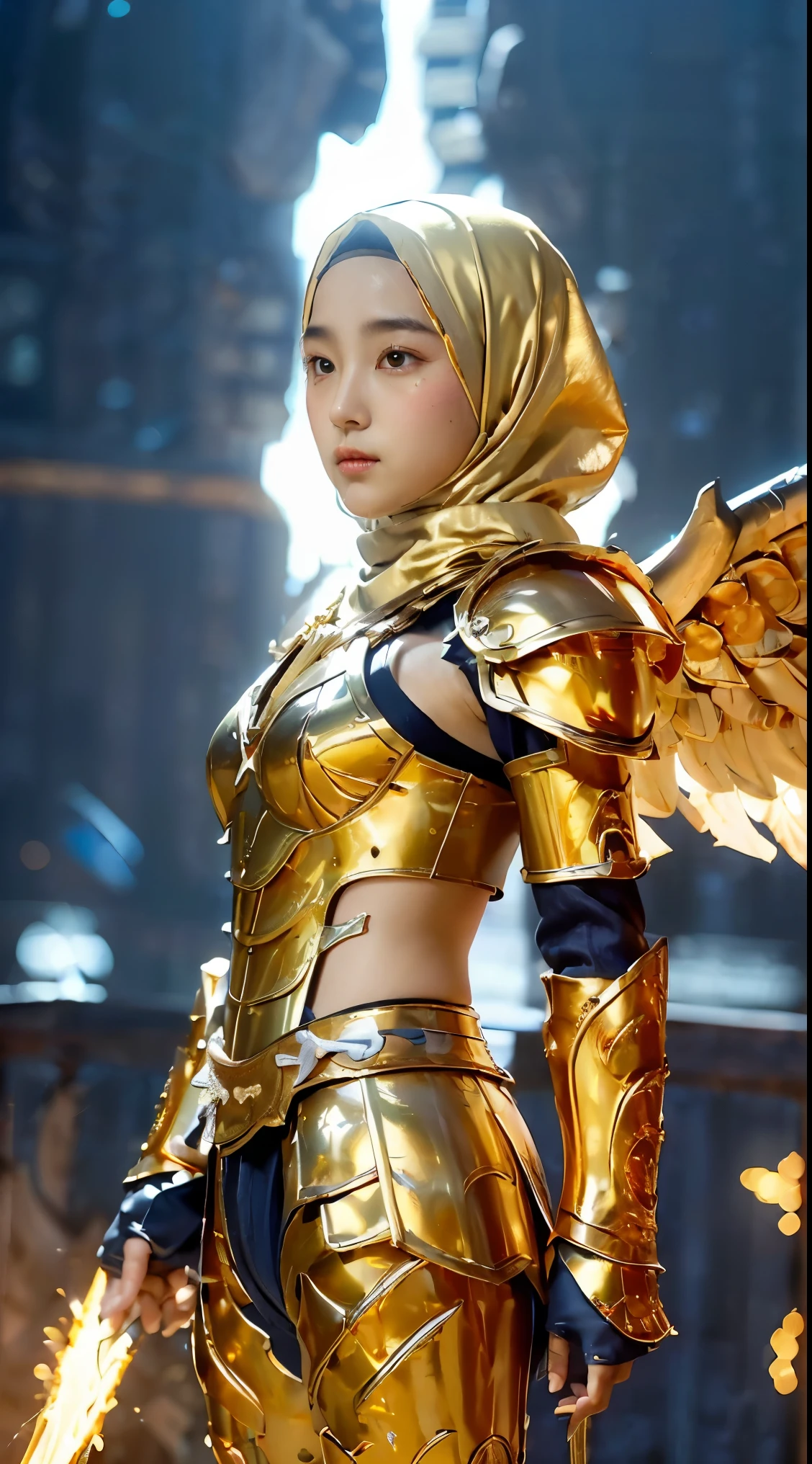 (1 Japan cutes teen with idol style), ((Top  Quality, masterpiece: 1.3)), focusing: 1.2, Perfect body care: 1.4 , (Wearing Hijab:1.2), ((Highly detailed face and skin texture)), Extremely realistic, Ultra detailed, HD, Portrait, 8K, Dressed in white and gold with spread wide big wings, (holding single flaming gold iron swords:1.2), (wearing hijab:1.5), (full iron golden armor:1.5), ornate cosplay, as a mystical valkyrie, the sailor galaxia, beautiful, white and gold priestess robes, anime cosplay, glamourous cosplay, with fiery golden wings, ((full iron trousers armor)), cosplay, professional cosplay, goddess of light, full body angel, cosplayer, perfect makeup, perfect face, beautiful face, beautiful body, arms covered with cloth, thighs covered with cloth, waterfall background, ((body object floating flying in the air:1.2)), foggy, fantasy weather, lightning strikes on either side, dramatic sttudio lighting, The atmosphere looks real, Full body shot, Front angle, ultra realistic, Professional、beautiful detail glow、Depth of bounds written、(((High chroma)))、(((real:1.9)))、((vivid:1.4))、((beautiful skin))、((skin texture))、((Real skin feel))、(((cowboy shot:1.5)))、((Angle seen from the front:1.5)), Front angle shot,