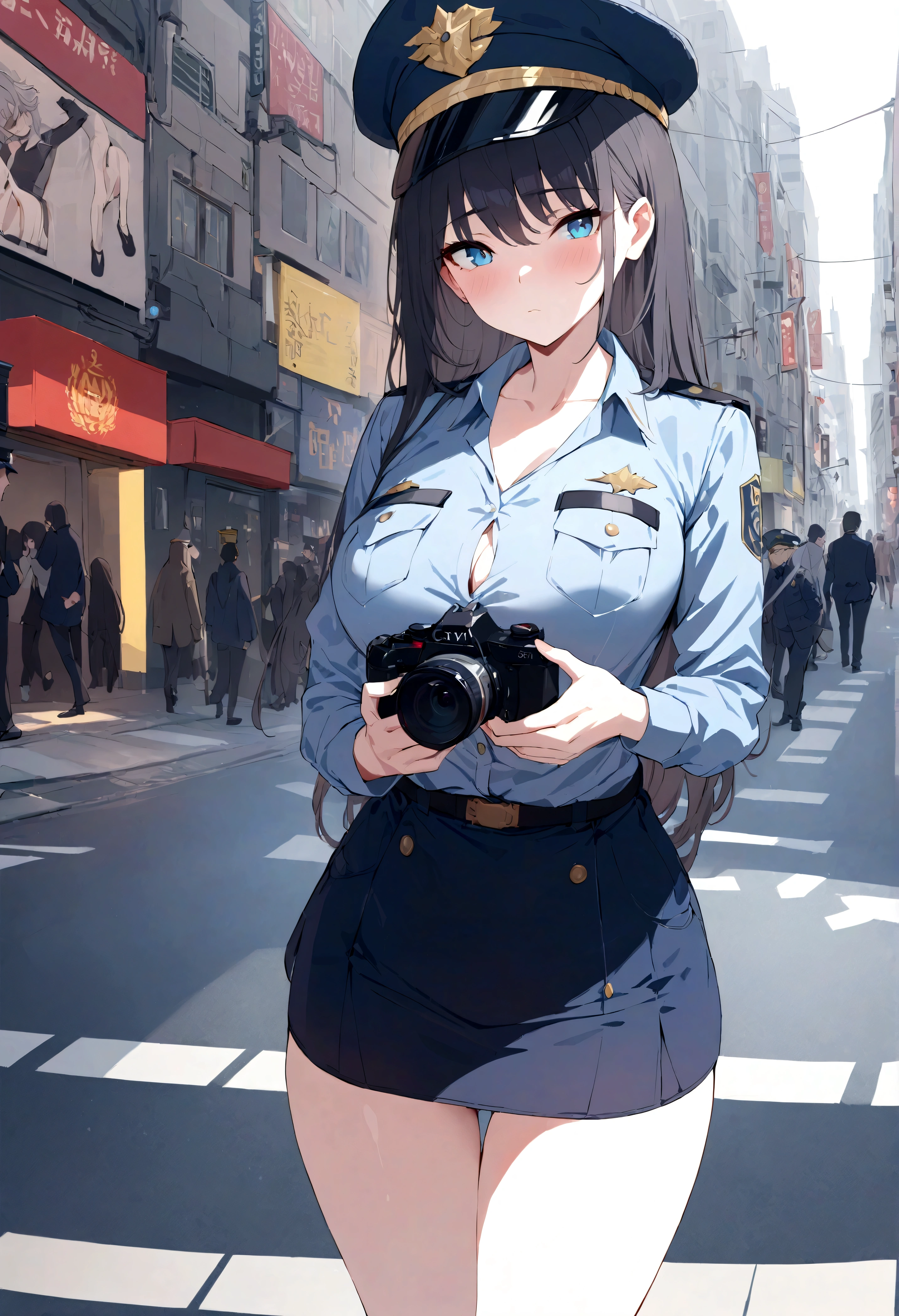 Absurd resolution, A high resolution, (tmasterpiece:1.4), ultra - detailed, 1girll,blue color eyes, cabelos preto e longos，Wear a police uniform and a short skirt, the city street,sexyposture, The camera is close to the body