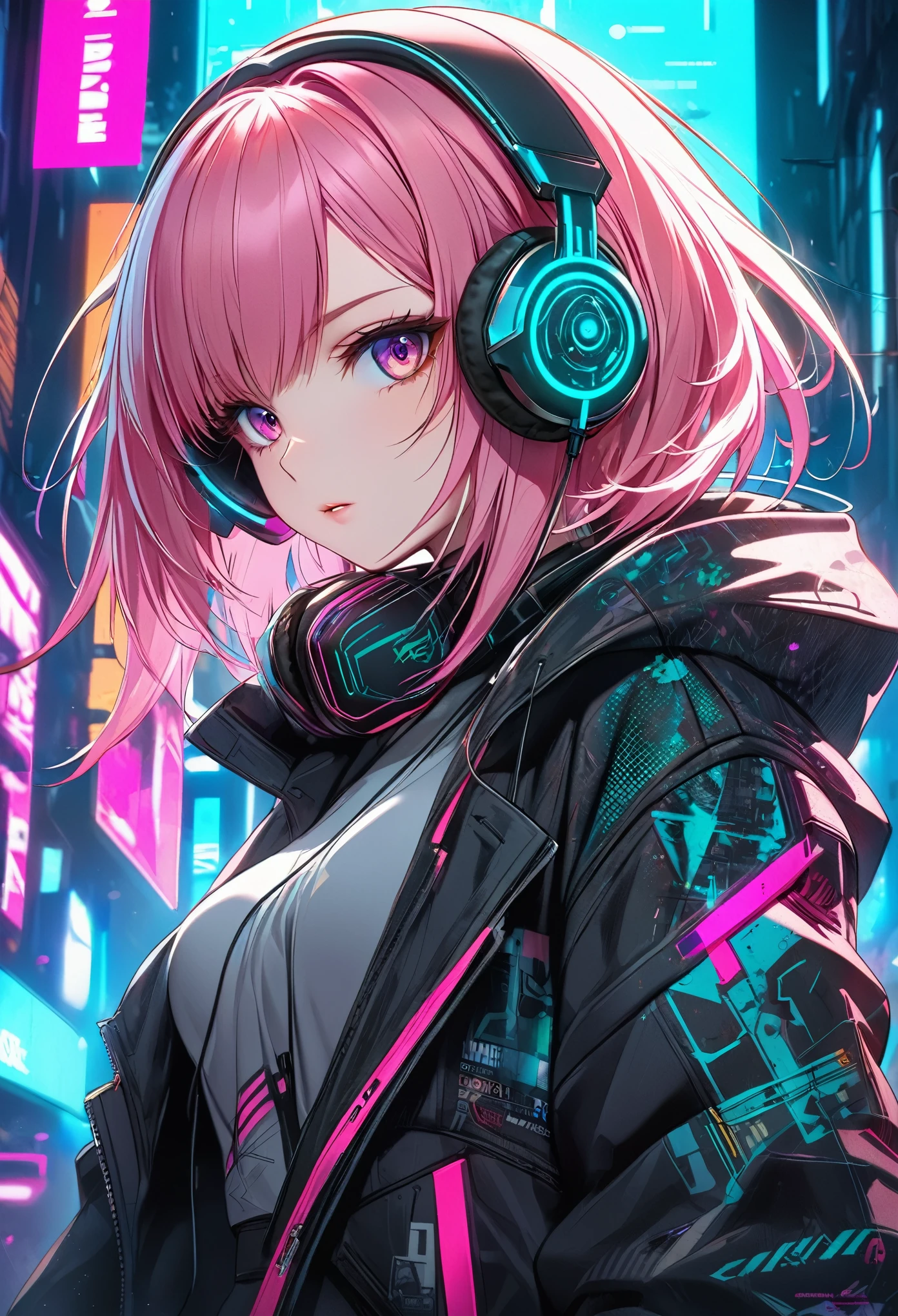 anime girl with pink hair and headphones in front of a neon background, cyberpunk anime girl, best anime 4k konachan wallpaper, digital cyberpunk anime art, anime cyberpunk art, digital cyberpunk - anime art, female cyberpunk anime girl, cyberpunk anime girl mech, anime style 4 k, perfect android girl, cyberpunk anime art, modern cyberpunk anime, anime cyberpunk, nightcore