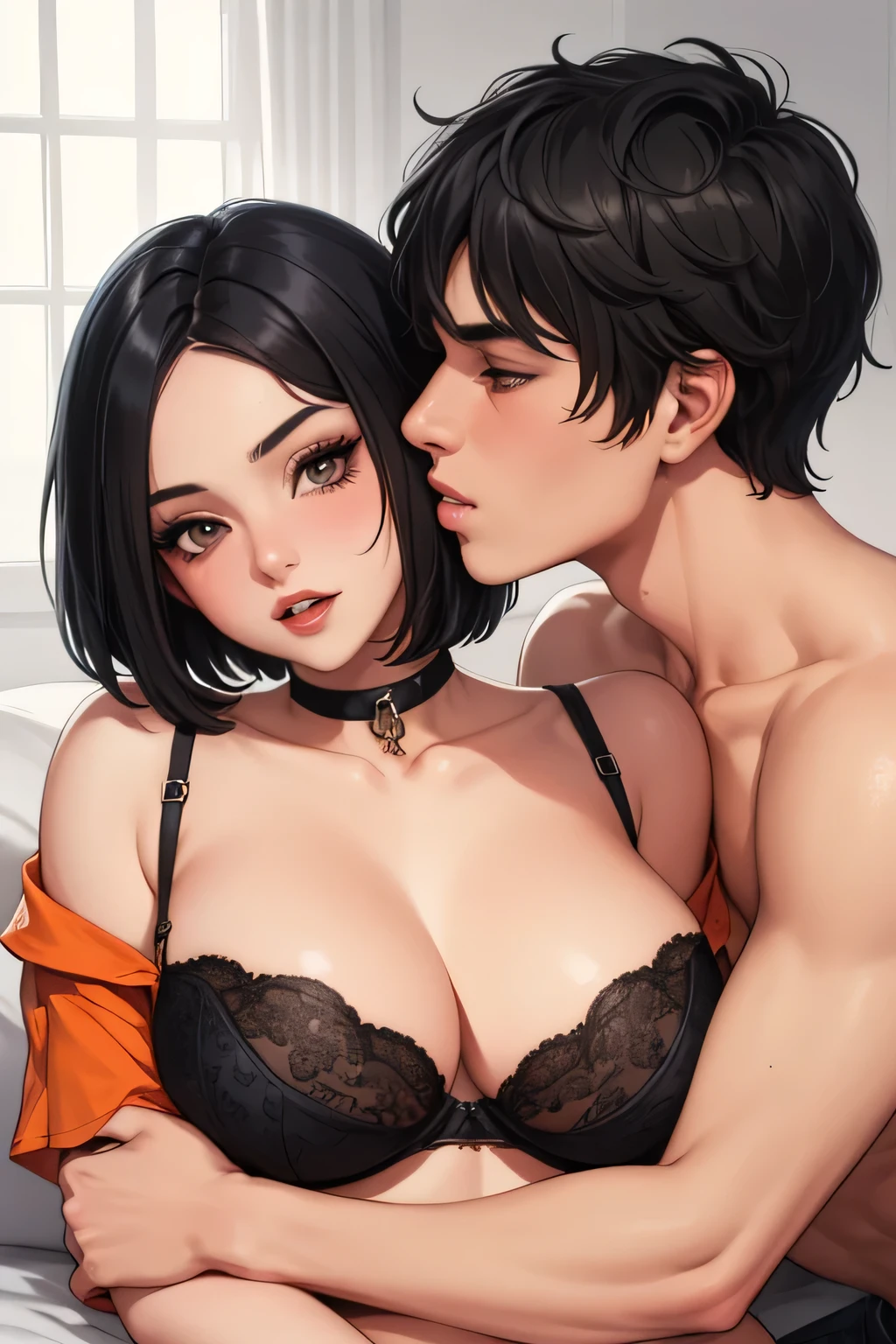Amazing portrait of a cute goth woman with her short black hair in a bob hairstyle with heavy eyeliner around her eyes wearing an off shoulder t shirt that is orange and black with black bra straps kissing and making out passionately with a shirtless boy on the bed in an intimate setting