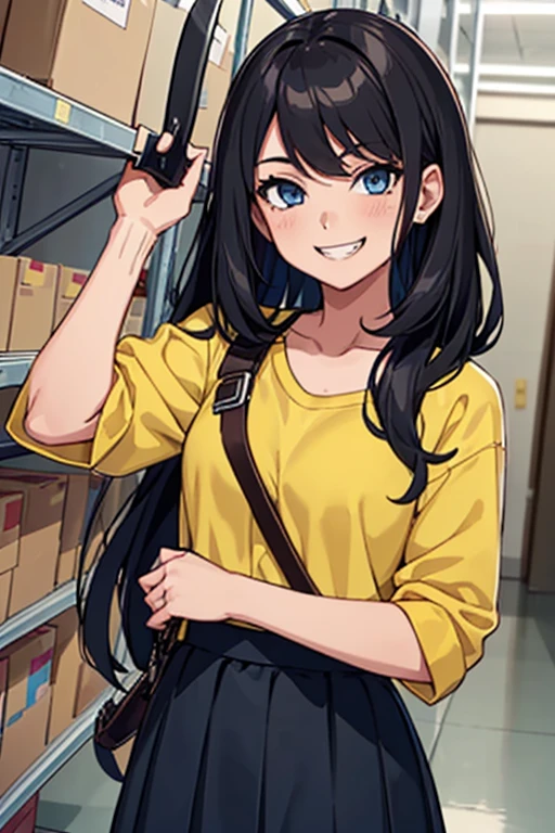 (((pixel-perfect, detail-perfect))), solo, 1girl, Trish colletti(criminal case), hair black, long hair, shirt yellow, skirt black, warehouse, evil smile, grin, holding machete, blue eyes