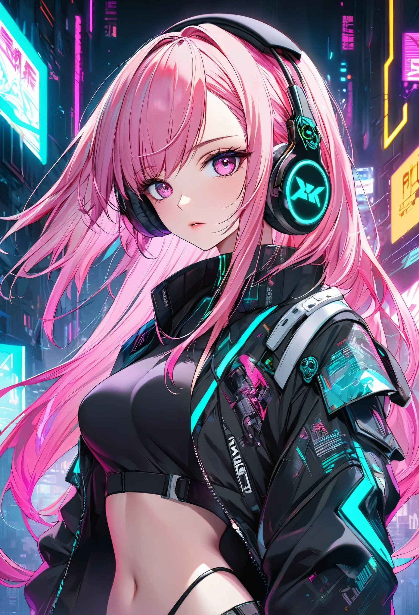 anime girl with pink hair and headphones in front of a neon background, cyberpunk anime girl, best anime 4k konachan wallpaper, digital cyberpunk anime art, anime cyberpunk art, digital cyberpunk - anime art, female cyberpunk anime girl, cyberpunk anime girl mech, anime style 4 k, perfect android girl, cyberpunk anime art, modern cyberpunk anime, anime cyberpunk, nightcore