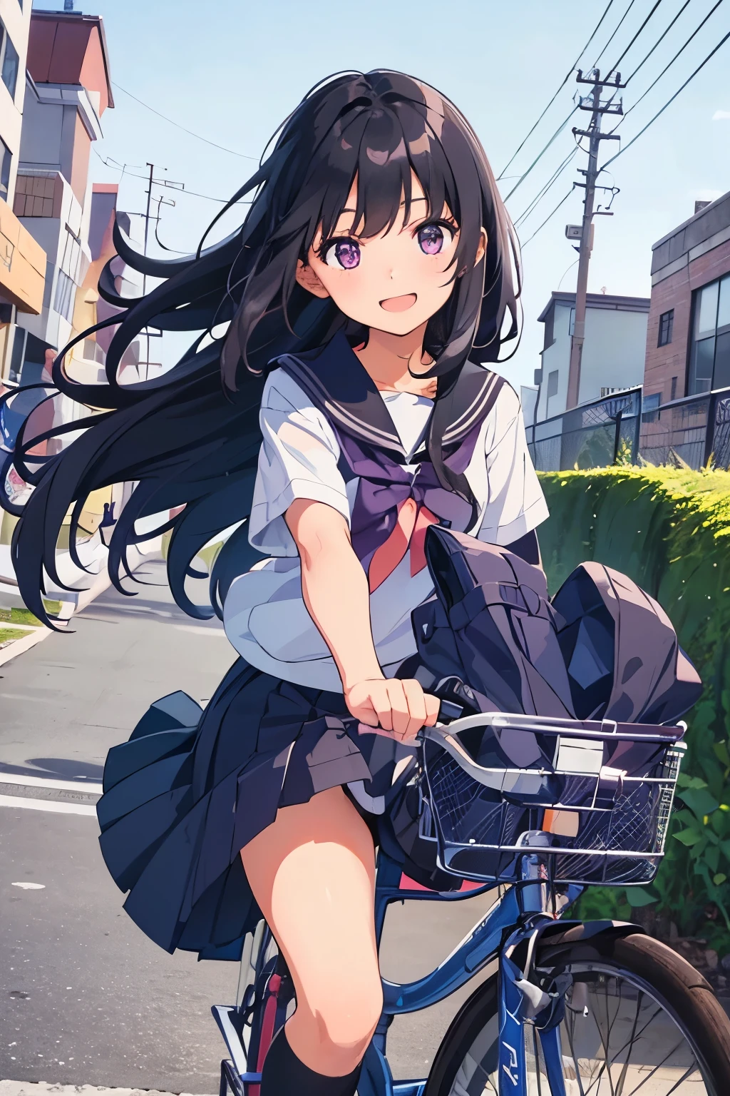 Elementary school girl, , flat chest, black hair, long hair, purple eyes, smiling(one person) Upper body plain white T-shirt Black mini skirt and white panties((I can see her panties))White socks sneakers garden Pushing a bicycle and walking Dynamic angle Low angle