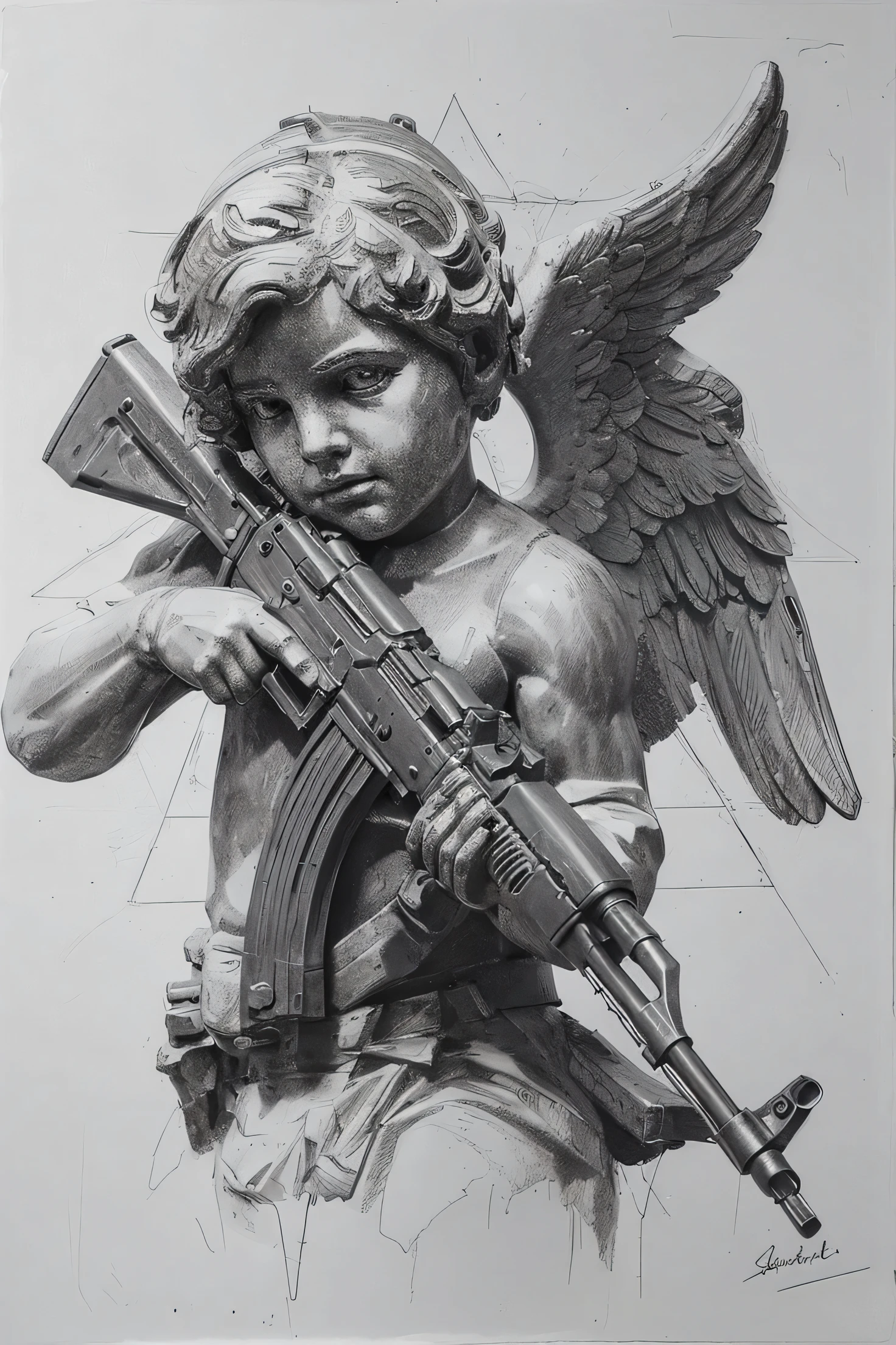 black and white drawing. Angel with a machine gun in his hands. sculpture. Angel .  Angel