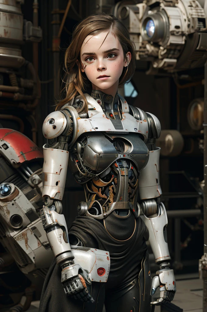 Emma Watson, cyborg, androidperson, mark brooks, david mann, robot brain, made of steel, hyperrealism, post-apocalyptic, reelmech, mechanical parts, joints, mecha,  j_sci-fi