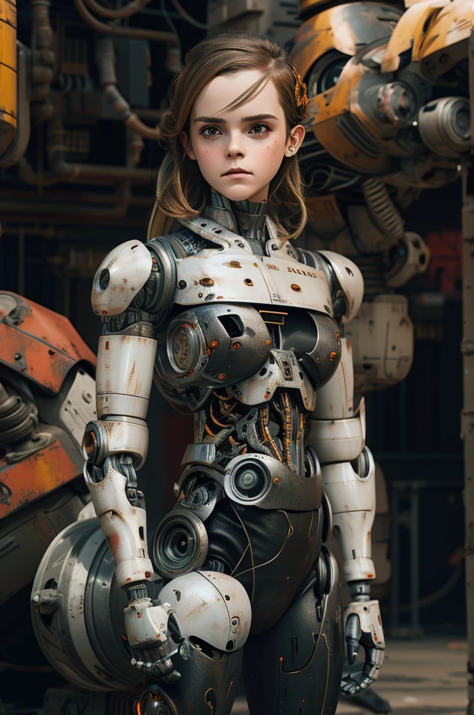 Emma Watson, cyborg, androidperson, mark brooks, david mann, robot brain, made of steel, hyperrealism, post-apocalyptic, reelmech, mechanical parts, joints, mecha,  j_sci-fi