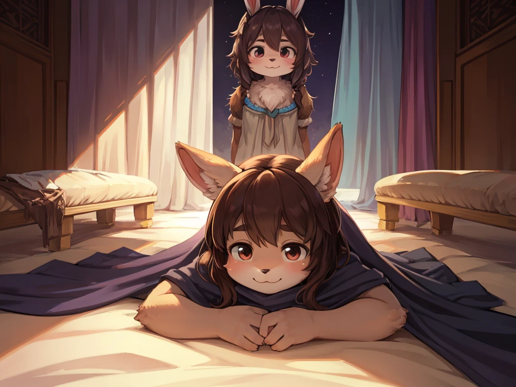 Hallucination, daydream , female rabbit , (realistic hairy fur) , in the theater dressing room , artistic pose , (Covering one's private parts with a large fabric) , round face , moist round eyes , Swollen cheeks , hair ties , big smile , front view , top view , back view , side view , from above , from below , sit , standing , lying down , lying back , squad , jump , looking away