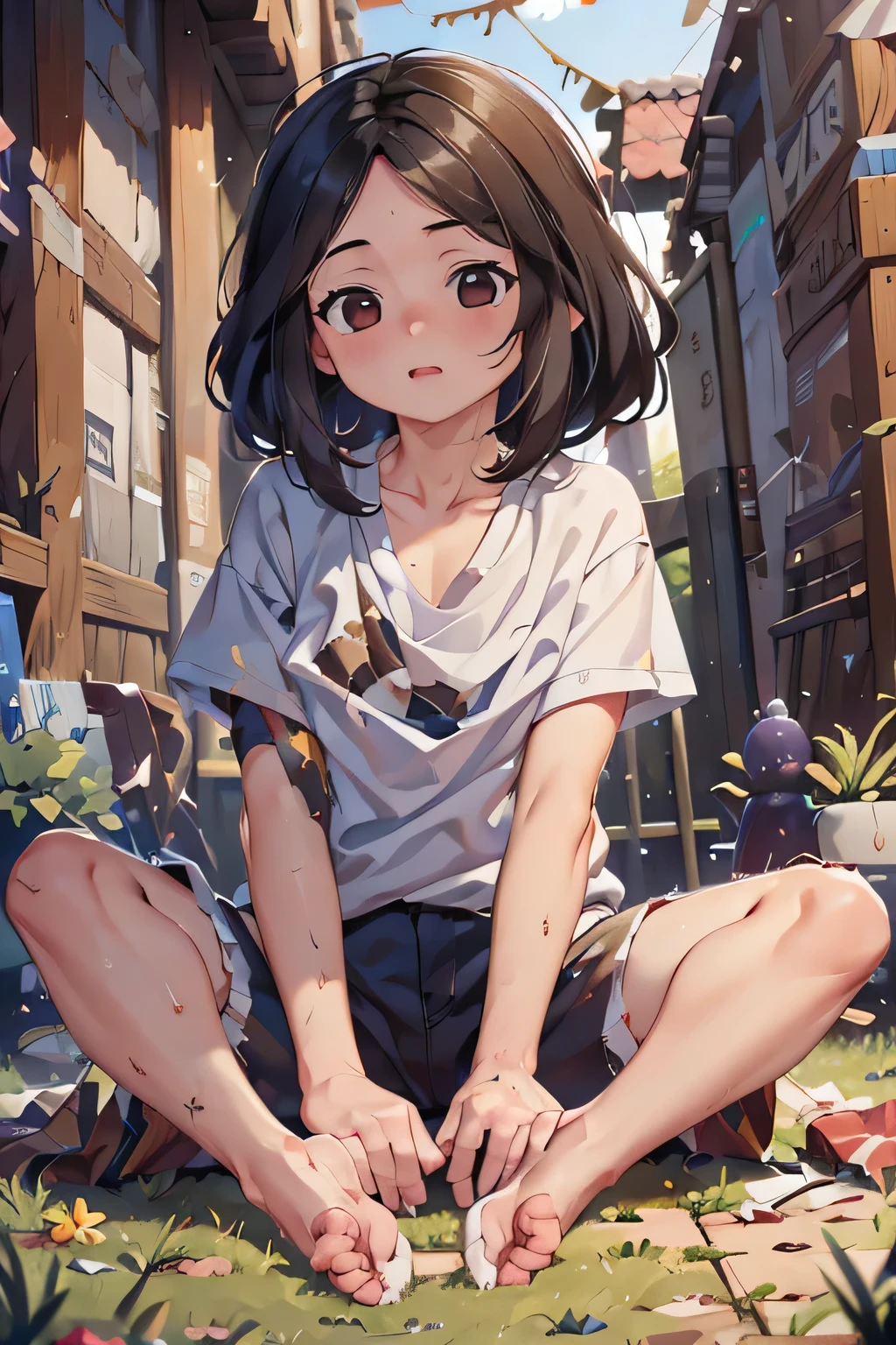 (Ultra-realistic,32k, masterpiece:1.2),(Skin with attention to detail:1.1),( 8K Ultra HD, Digital SLR, high quality:1.1),
One Girl, Black Hair, Messy Hair, White shirt, Lock, choker,Dark Back Alley、Sitting、Dead Eyes、Thighs、Dirty clothes Dirty Skin、flat chest、Lockjaw、Young face、refer to、One Girl、Spread your legs、naked feet、Pussy、naked、Nipples、Leaning forward、chest、Expressionless