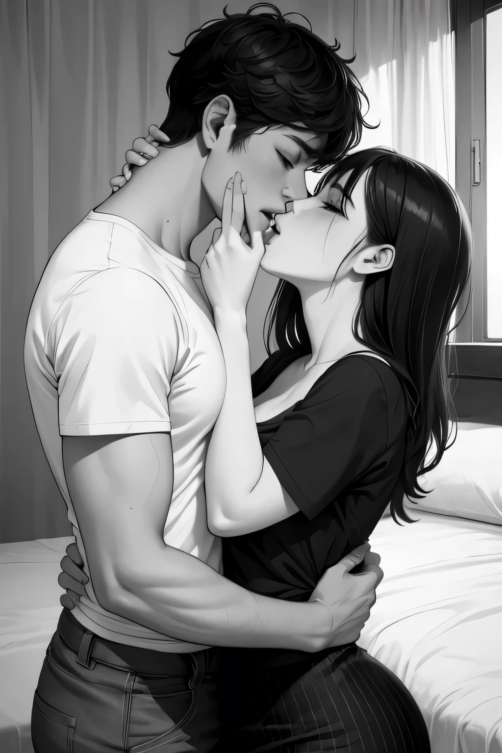 Amazing portrait of a sexy and  woman  wearing a black and white striped t shirt and a dark green skirt kissing and making out passionately with a shirtless boy on the bed in an intimate setting