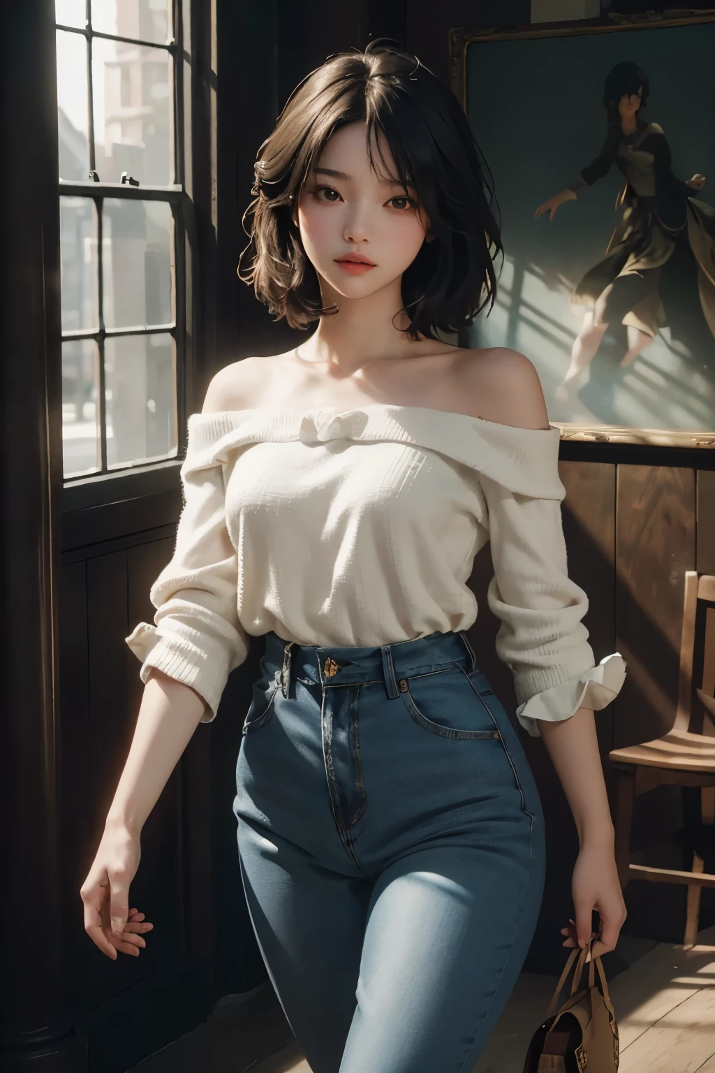 (Masterpiece, Best Quality: 1.3) presents an idyllic concert scene, showcasing a young and charming anime woman in a dynamic pose. With (16K, High Resolution: 1.3), the image captures every intricate detail, from the half pants revealing her long, slender legs to the off-shoulder knitted shirt that accentuates her delicate features. The sunlight bathes her whole body (whole body: 1.5) in a soft, cinematic light, casting gentle highlights and shadows on her perfectly proportioned anatomy.

One enchanting woman graces the scene, her beautiful face adorned with captivating black eyes