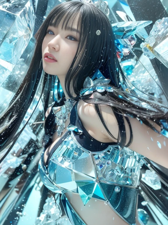 ((((Close-up of a fantastic blue and white deep sea with lots of diamonds, crystallization化した, crystallization skin, diamond texture, Shining Sea, 海水のcrystallizationテクスチャー, crystal cubism、エメラルドグリーンの crystallization, crystallization粒子, faceted, crystallization,Mistral Blue Crystal Explosion, Fractal Detail Diamond Skin, Glittering ice, faceted, Crystal Fragment, crystallization edges)))、(((highest quality、Highest Resolution、masterpiece、8k、Realistic)))、(((Detailed face)))(((Cute face 1.0)))(((face 1.0)))、(((Healthy Skin)))(((Detailed body)))(((Model Body Type)))(((Perfect podiline)))、(((Big Breasts 3.0)))(((Big cleavage 5.0)))(((NSFW)))、(((Straight Long Hair)))、 God of the sea and earthquakes。 Besides the sea、The guardian deity of springs, rivers, and other water-related things、Sea Queen、Neptune、Ruler of the seas、Poseidon、Trident