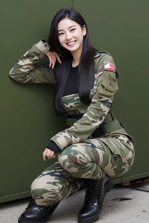 An Yujin in IVE group K-pop woman, very long hair, black hair, straight hair, sexy woman, military, smiling, single woman, large breasts, tight camouflage short-sleeved t-shirt, tight camouflage pants, black knee high boots, sexy pose hot, military camp place