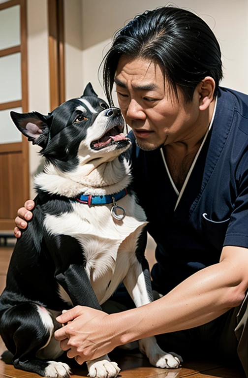Saigo Takamori being bitten by his pet dog