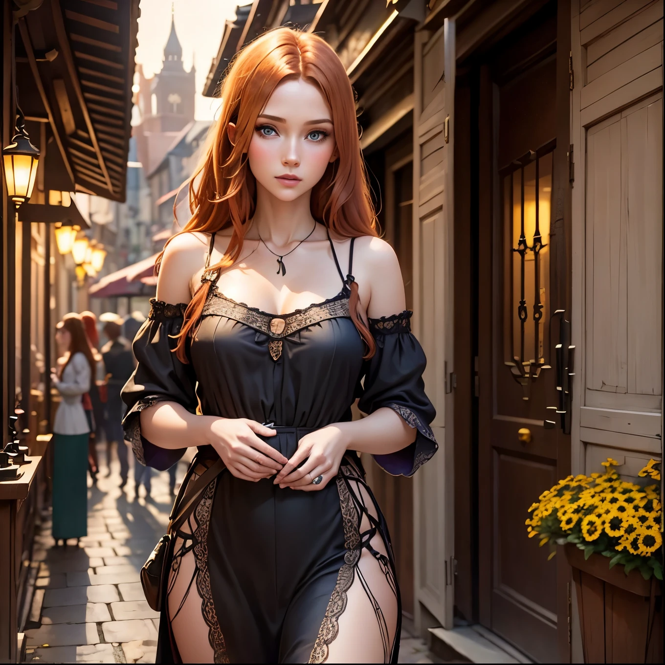 Photorealistic photo of young ginger woman wondering in old market i Tailand, soft smile, art by midjorney, luminism, ultimate intricate shadow - light contrast, IPA award wining masterpiece, artistic lens, warm colors, art by Tim Burton
