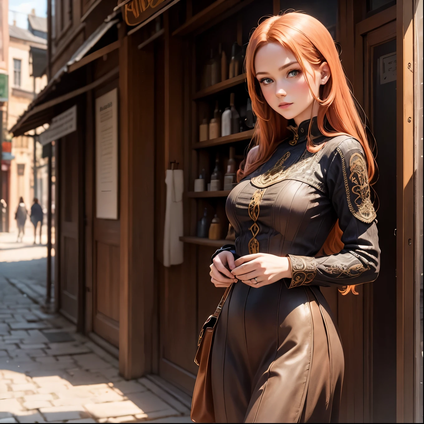 Photorealistic photo of young ginger woman wondering in old market i Tailand, soft smile, art by midjorney, luminism, ultimate intricate shadow - light contrast, IPA award wining masterpiece, artistic lens, warm colors, art by Tim Burton