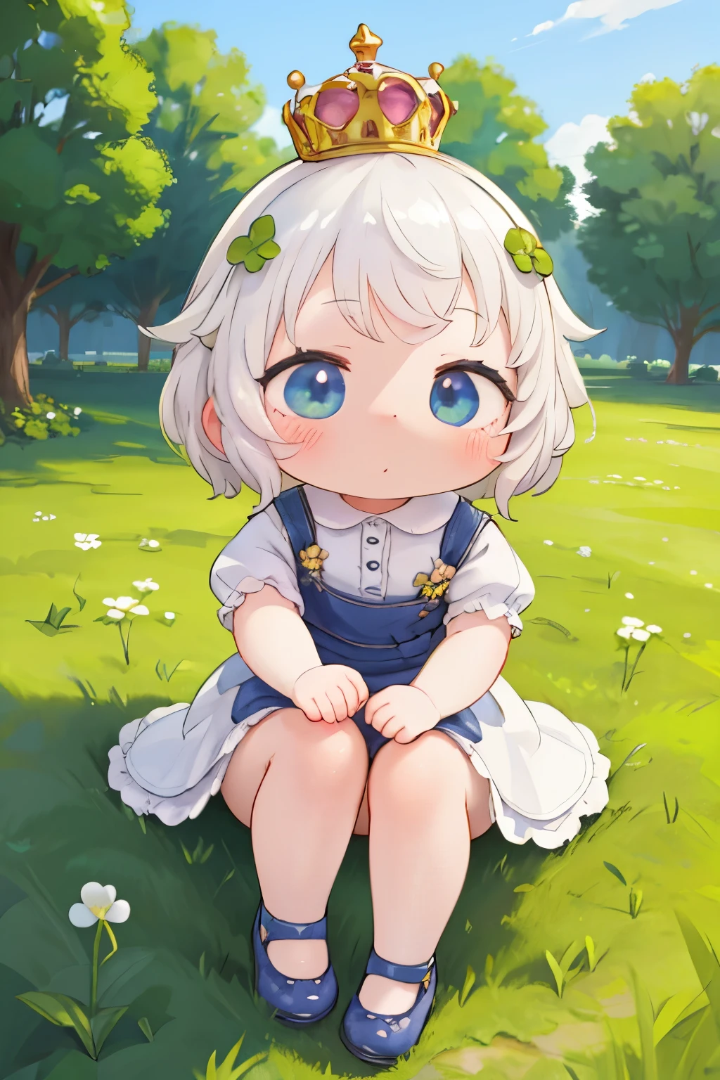 Photorealistic、Chibi Girl Doll(Wearing a crown of white clover、Cute Shoes)