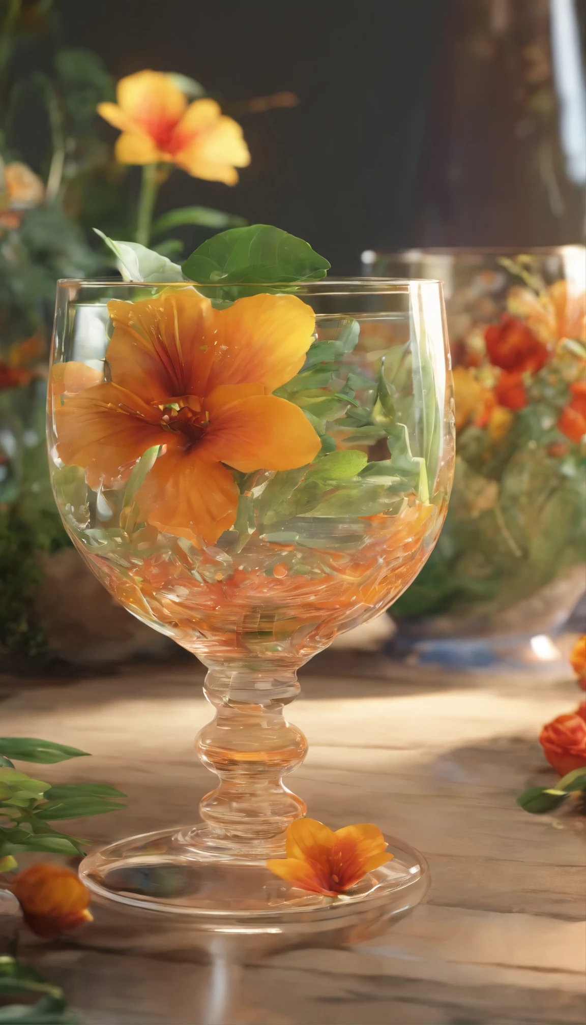 clear water cup in the middle，Surrounded by a floral and botanical environment.