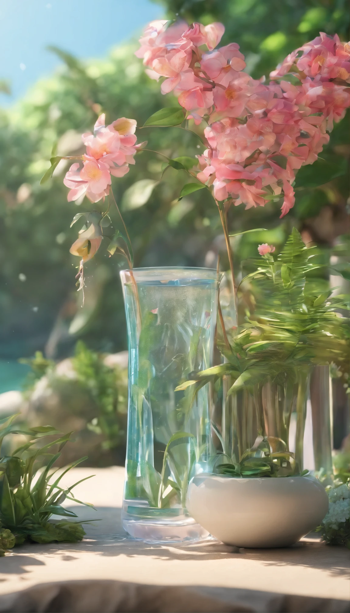 clear water cup in the middle,Surrounded by a floral and botanical environment.