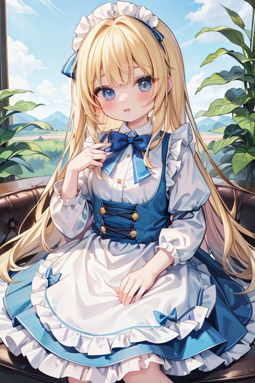 (Official Art、highest quality、unity 8k wallpaper、32k、masterpiece、Very detailed、超A high resolution)、Fantasy、((Alice in Wonderland))、1 female, 12 years old、blonde、Long Hair、Blue colored eyes、Blue Apron Dress、Trump&#39;soldier、rabbit with a clock、Red Rose、White Rose、(3dfz:1.5)、Standing in front of the candy house