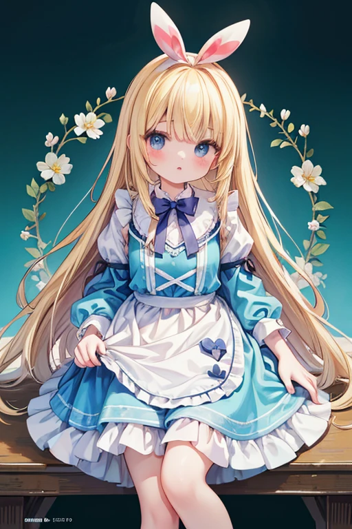 (Official Art、highest quality、unity 8k wallpaper、32k、masterpiece、Very detailed、超A high resolution)、Fantasy、((Alice in Wonderland))、1 female, 12 years old、blonde、Long Hair、Blue colored eyes、Blue Apron Dress、Trump'soldier、rabbit with a clock、Red Rose、White Rose、(3dfz:1.5)、Standing in front of the candy house