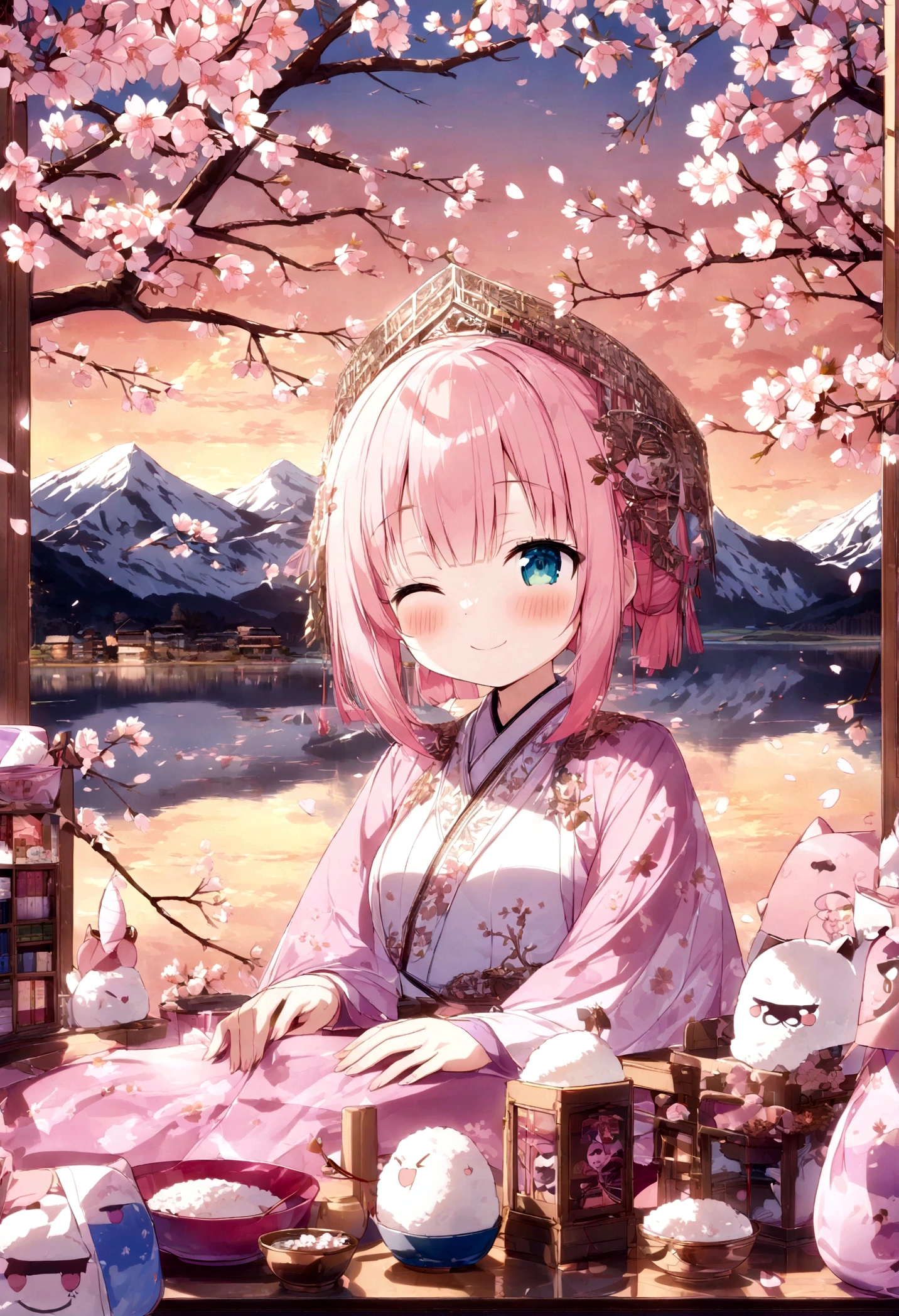 Sakura Rice Library, Upper Body, Smile, blush, sit, ((Cherry blossoms)), ((pink袖子)), pink调, ((pink)), Pink sky, Sunset, lake, reflection