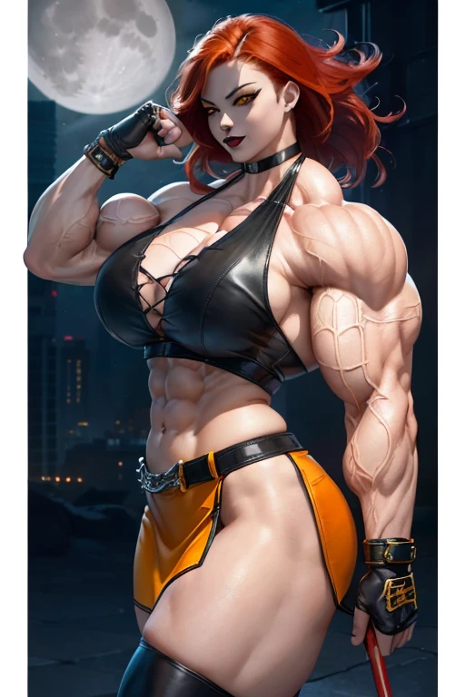 (((((Massive, beautiful, pale white skinned, buff, muscular asian woman with red hair, black lipstick, glowing yellow eyes, ginormous bulky muscles and wearing a black halter top and leather pencil miniskirt))))), (close view), (massive muscle), massive biceps, hyper muscle shoulders, vascular shoulders, hyper muscle triceps, (long hair), yellow glowing eyes, (wristbands), pencil miniskirt, chain belt, choker, thigh high heels, (in a moonlit city), fingerless gloves, closed smile, night, hyper vascular arm, hyper muscles arms, hyper muscle legs, massive arms.