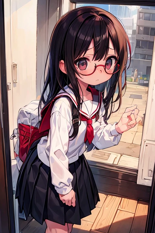 (Big red round glasses:1.3)、(Timid Girl、blush、sorrow:1.2)、Black long hair、Sailor suit、Big tie、Pleated skirt、Flat body、Flat Chest