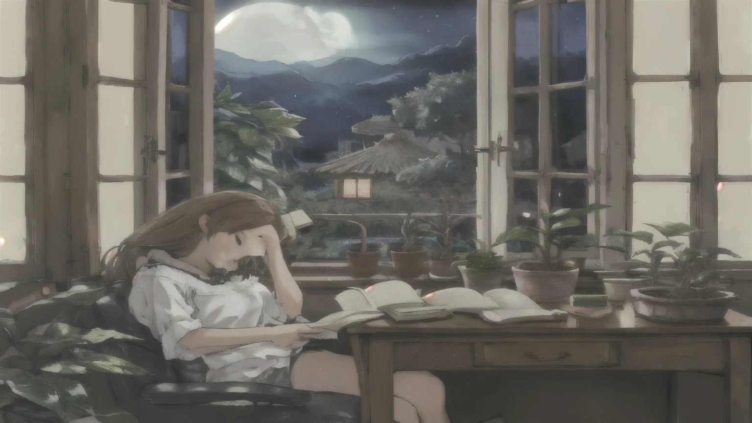 Night Room、girl reading a book at the desk(Look down)、Brown Hair、Houseplants in the room、Moonlight from the window、You can see the hut in the distance、Aspect ratio16：9、