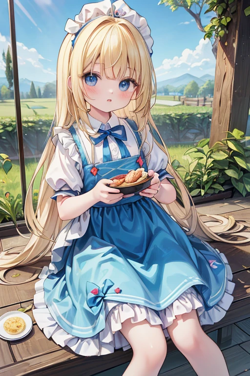 (Official Art、highest quality、unity 8k wallpaper、32k、masterpiece、Very detailed、超A high resolution)、Fantasy、((Alice in Wonderland))、1 female, 、blonde、Long Hair、Blue colored eyes、Blue Apron Dress、Trump'soldier、rabbit with a clock、Red Rose、White Rose、(3dfz:1.5)、Standing in front of the candy house