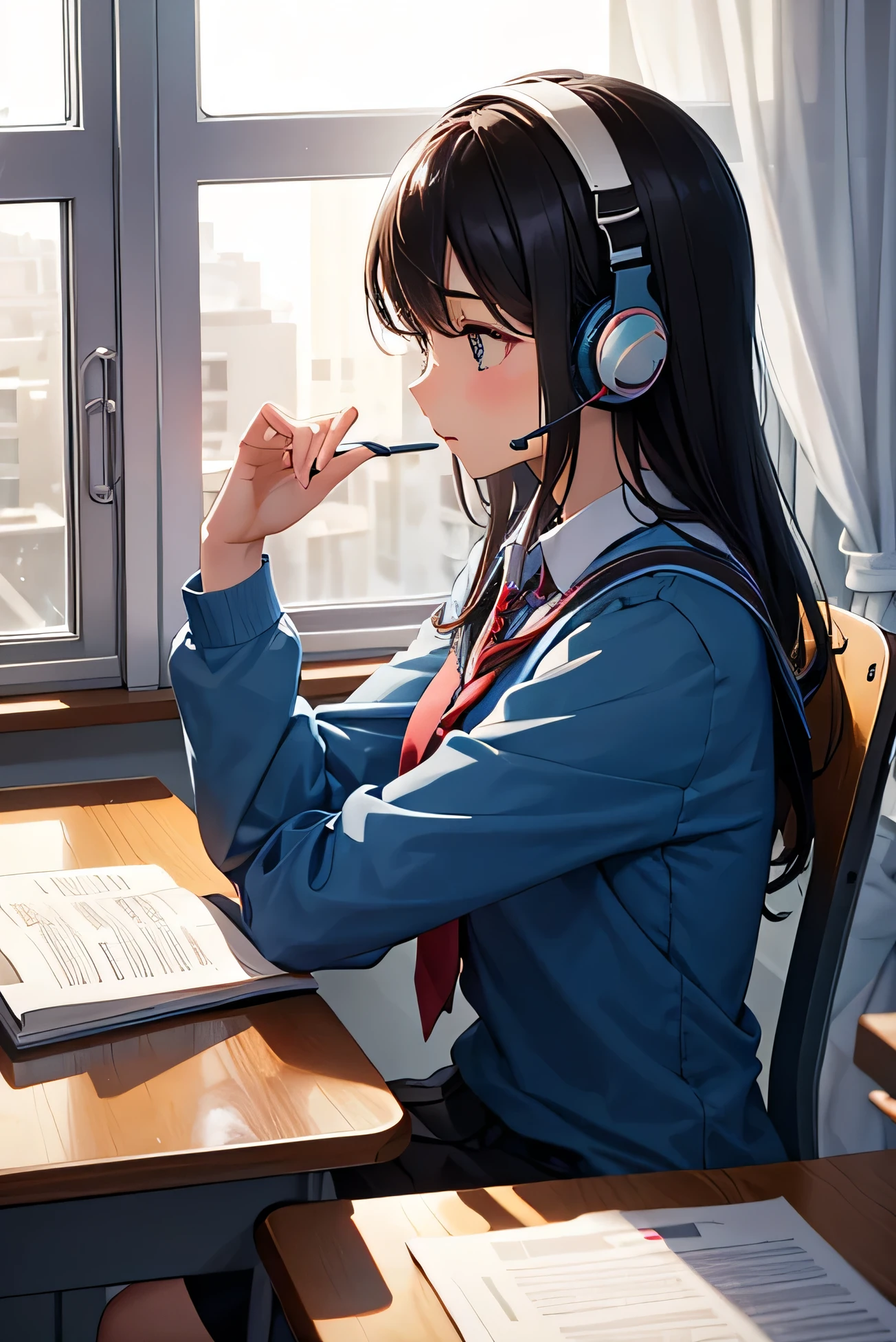 Female student studying at desk wearing headset and briefly looking out the window