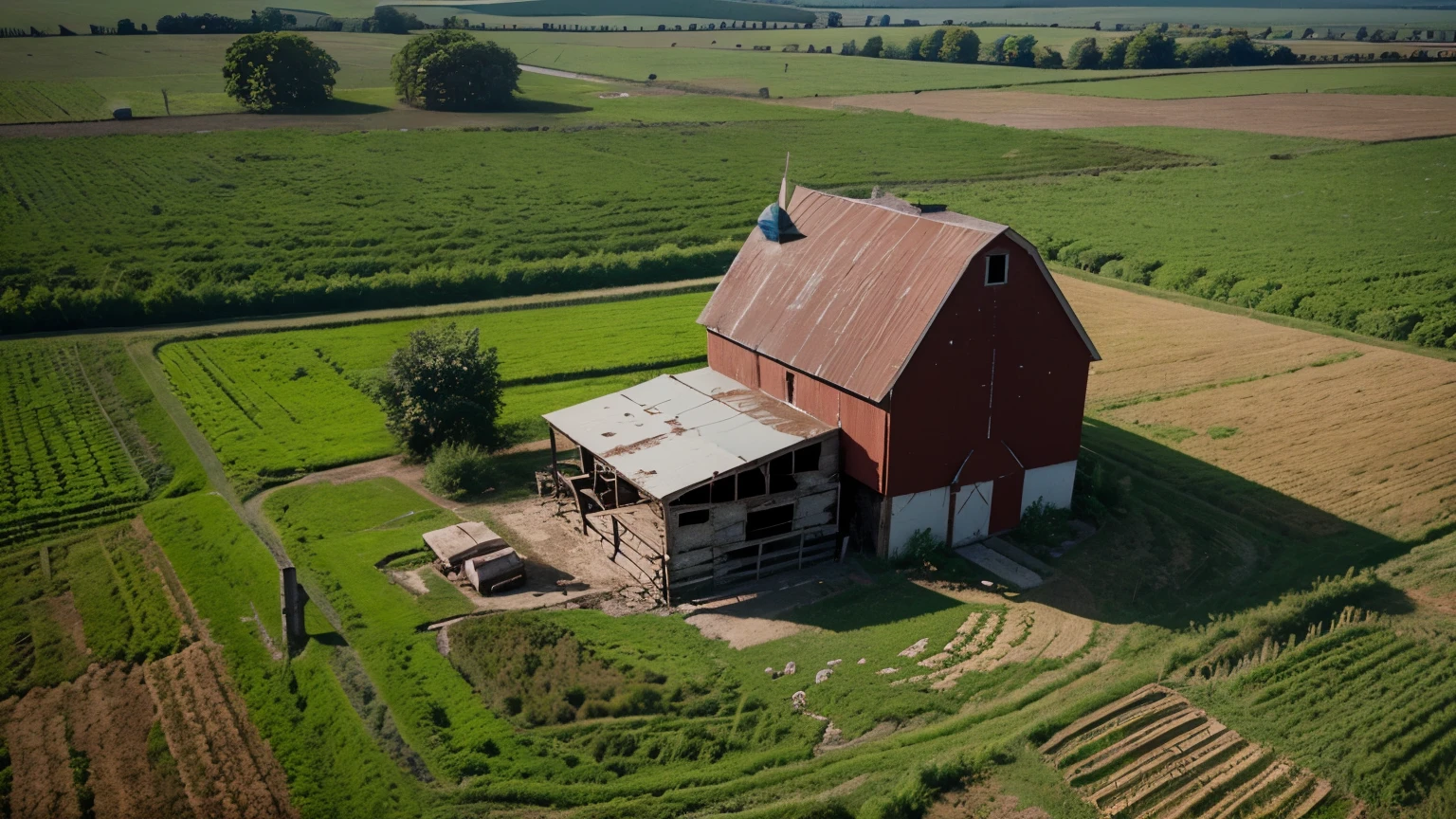 photo of a abandoned farm. Red barn, from drone perspective