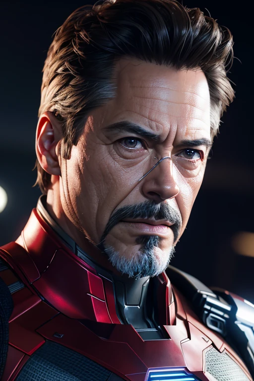 Marvel, Old man Tony Stark, realistically, dynamic lights, old, gray stubble, full shoot, (extremely detailed CG unity 8k wallpaper), trending on ArtStation, trending on CGSociety, High Detail, Sharp focus, dramatic, photorealistic