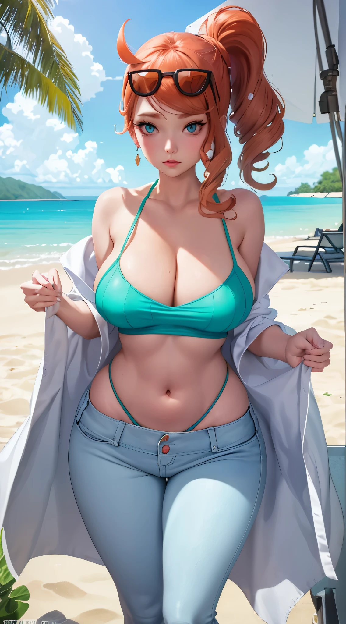 woman with large breasts, sexy body, cleavage, laying down on towel, view from top, ((camisole)), Sonia from pokemon, ((cutesexyrobutts)), artgerm and lois van baarle, style artgerm, high quality fanart, unparalleled masterpiece, crop top, tight pants, ((lab coat)), perfect artwork, (1girl:1.1), solo, (teasing), best quality:1.1 , (beautiful), earrings, jewelry, (hdr), (tropical paradise:1.2), beach, beach umbrella, towel, trending on ArtStation