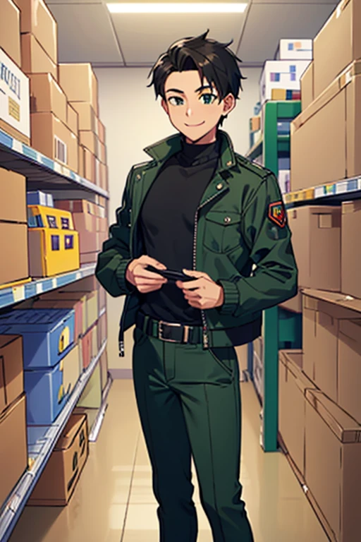 (((pixel-perfect, detail-perfect))), solo, 1boy, raphael soza(criminal case), jacket brown, ripped jacket, shirt green, black hair, eye green, pants black, belts, warehouse, smile, long sleeves