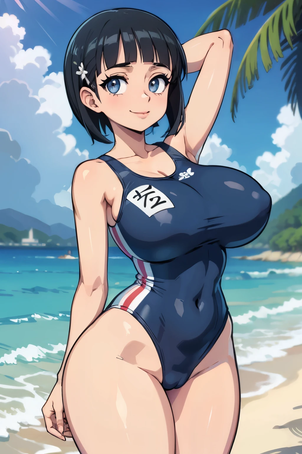 masterpiece, best quality, ultra-detailed, illustration, colorful, flat color, depth of field, lens flare, 1girl, kirigaya suguha, black hair, grey eyes, short bob, anime, closeup, detailed skin texture, beautiful detailed face, one piece swimsuit, (school swimsuit), seductive smile, alluring attire, gigantic breasts, curvy, , schol, at beach, cowboy shot, hands behind head, armpits