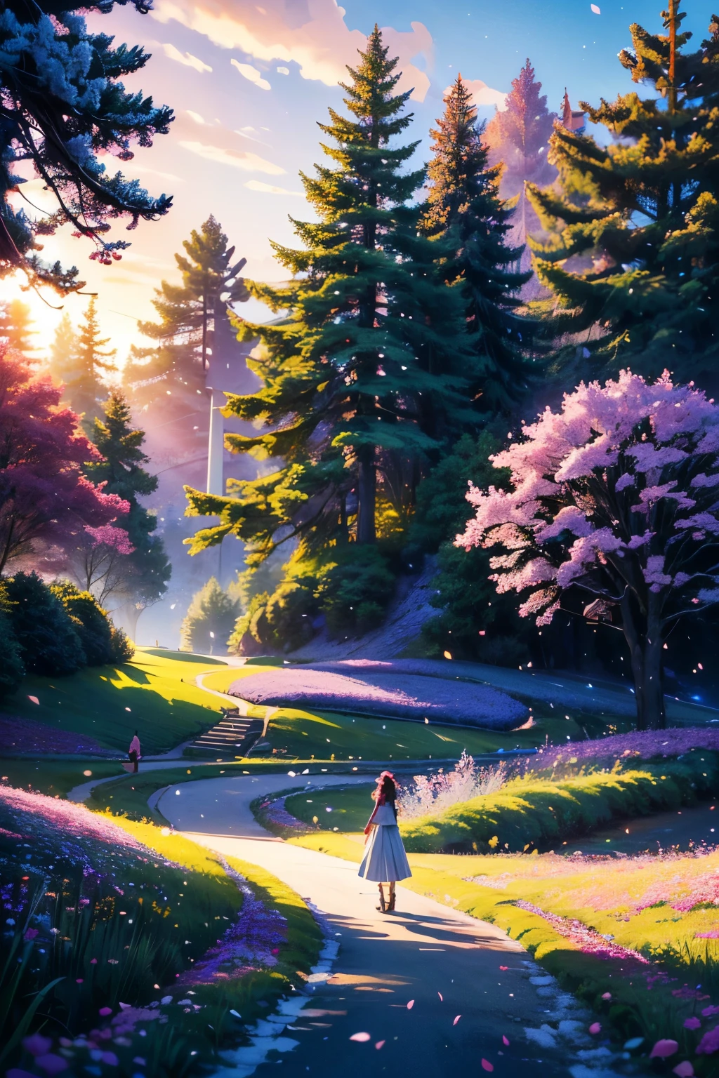 masterpiece, best quality, ultra-detailed, 1girl, detailed water, long hair, corkscrew curls, red hair, light grey eyes, (close-up), maple trees, everywhere mistletoe, gorgeous, maple and spruce trees, cherry, cherry tree, smile, view from front, wolf ears, snowy background, science fiction, multiple tails, Tall evergreens stand tall and proud, their branches weighed down by heavy snow, volumetric lighting AND masterpiece, best quality, high quality, extremely detailed CG unity 8k wallpaper A vibrant spring landscape, bursting with new life and color. Rolling hills are covered with a carpet of green, dotted with delicate wildflowers in shades of pink, purple, and yellow, volumetric lighting, silhouette of couple, walking in a road full of flowers