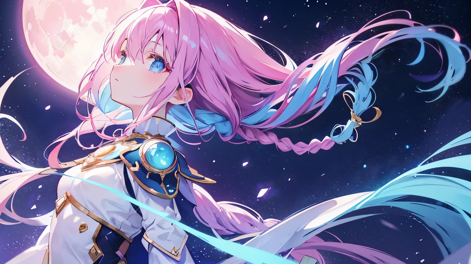 "Create an illustration of a whimsical anime girl with pink twin braids, similar to the character in the attached image, standing under a breathtaking starry night sky. The scene should be dreamlike and enchanting, with twinkling stars and a soft, glowing moon illuminating the night. The girl should have a look of wonder and awe on her face as she gazes up at the sky. Her outfit should be futuristic and colorful, with vibrant hues that contrast beautifully with the dark, star-filled background. Surround her with gentle, glowing orbs or small floating creatures to enhance the fantasy atmosphere. The overall mood should be magical and serene, capturing the essence of a beautiful, otherworldly night."
