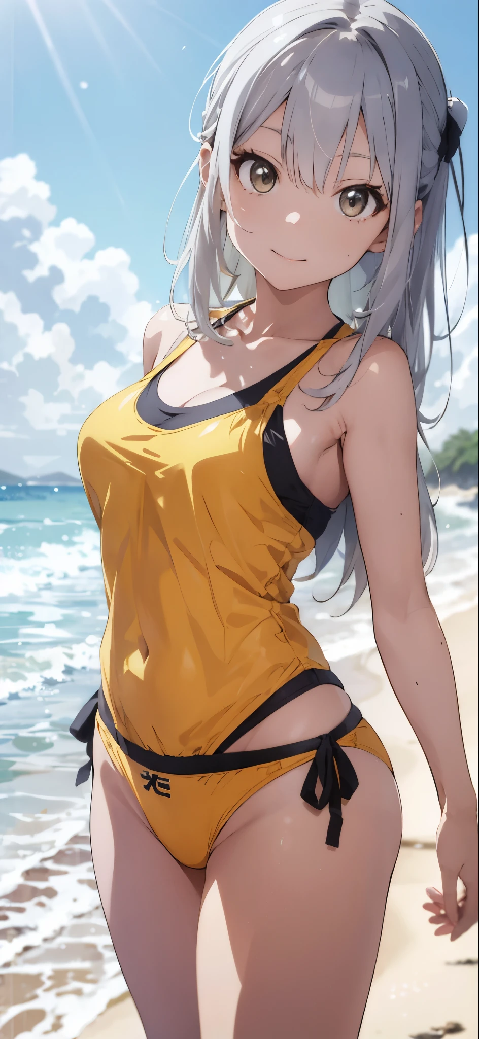 Silver-haired girl drawn in high resolution Japanese anime style、whole body、Women in yellow bikinis taking photos on a deserted beach, Bikini Model, , A young and cute gravure idol, Posing together in a bra, Russian and Japanese mix, sakimichan, Asian woman, Wear a swimsuit, that'that'that'that'that'that'that'that'that'that'that'that'It's hot with the shining sun, Japanese Model, Cute Core, sakimichan hdri, Young Gravure Idol, Chubby